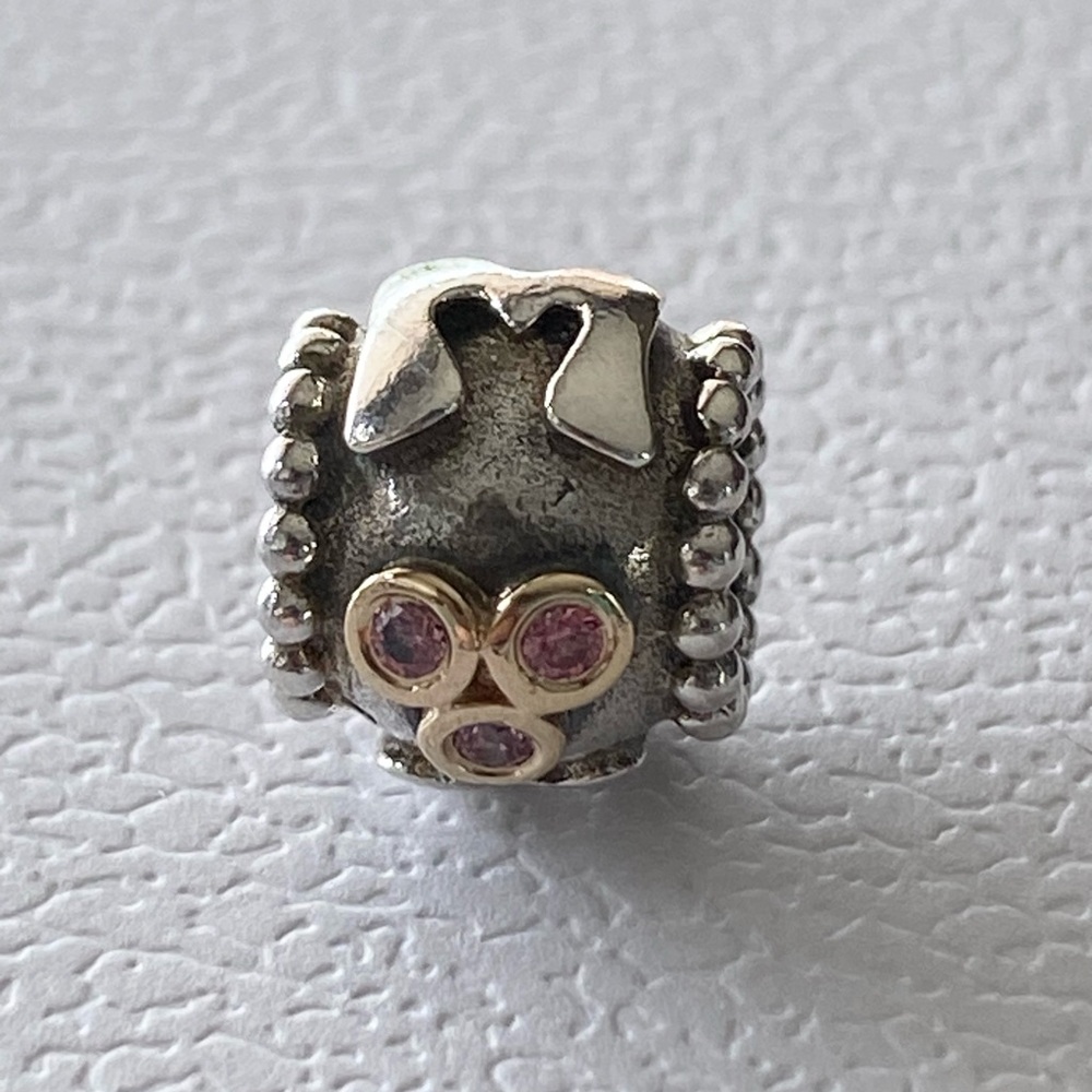 Authentic Pandora Silver & 14k Gold “Mom” Pink CZ Stones Charm ~ Retired